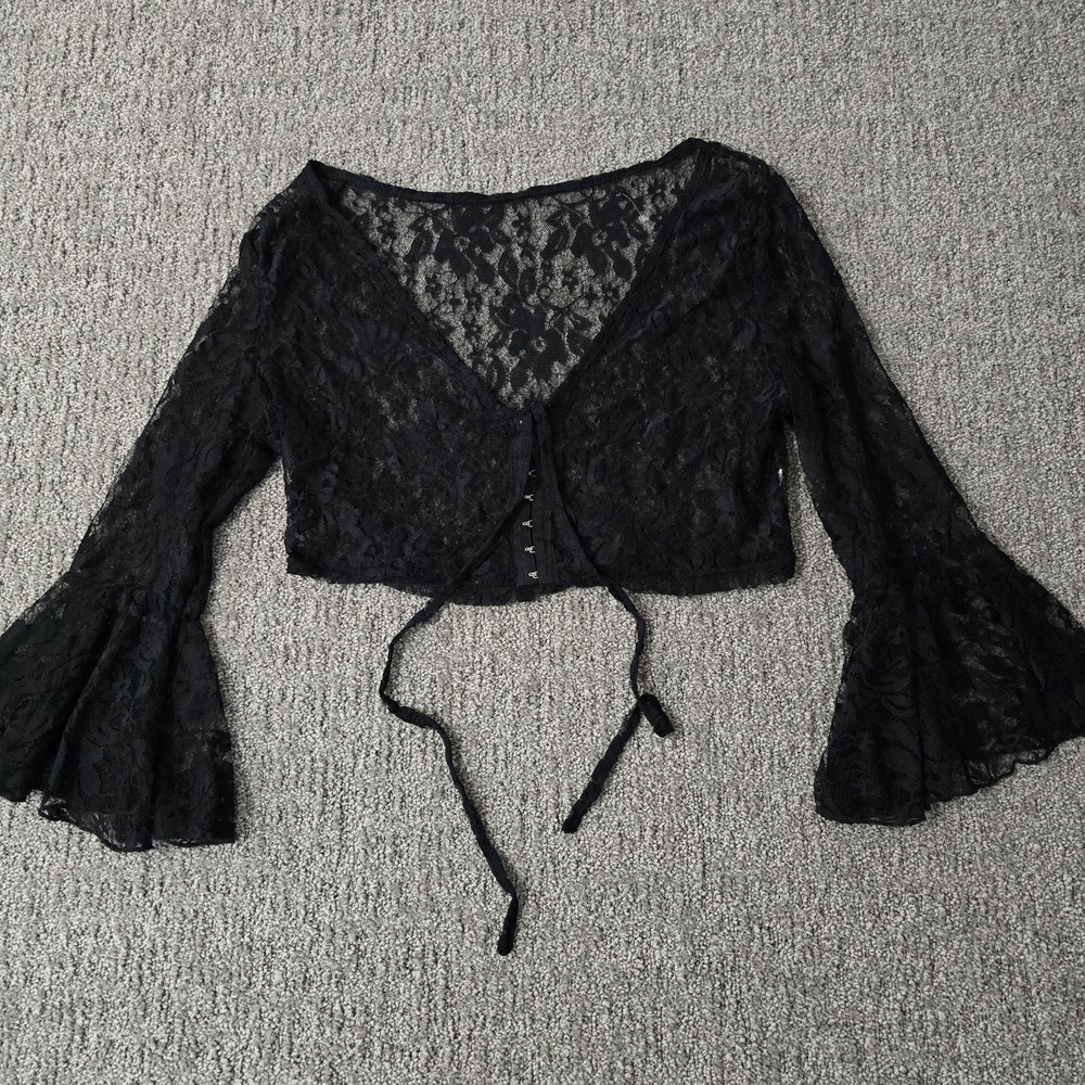 Whimsigoth Black Lace Bell Sleeve Crop Top Corset Hook Front Fairycore Gothic S‎
